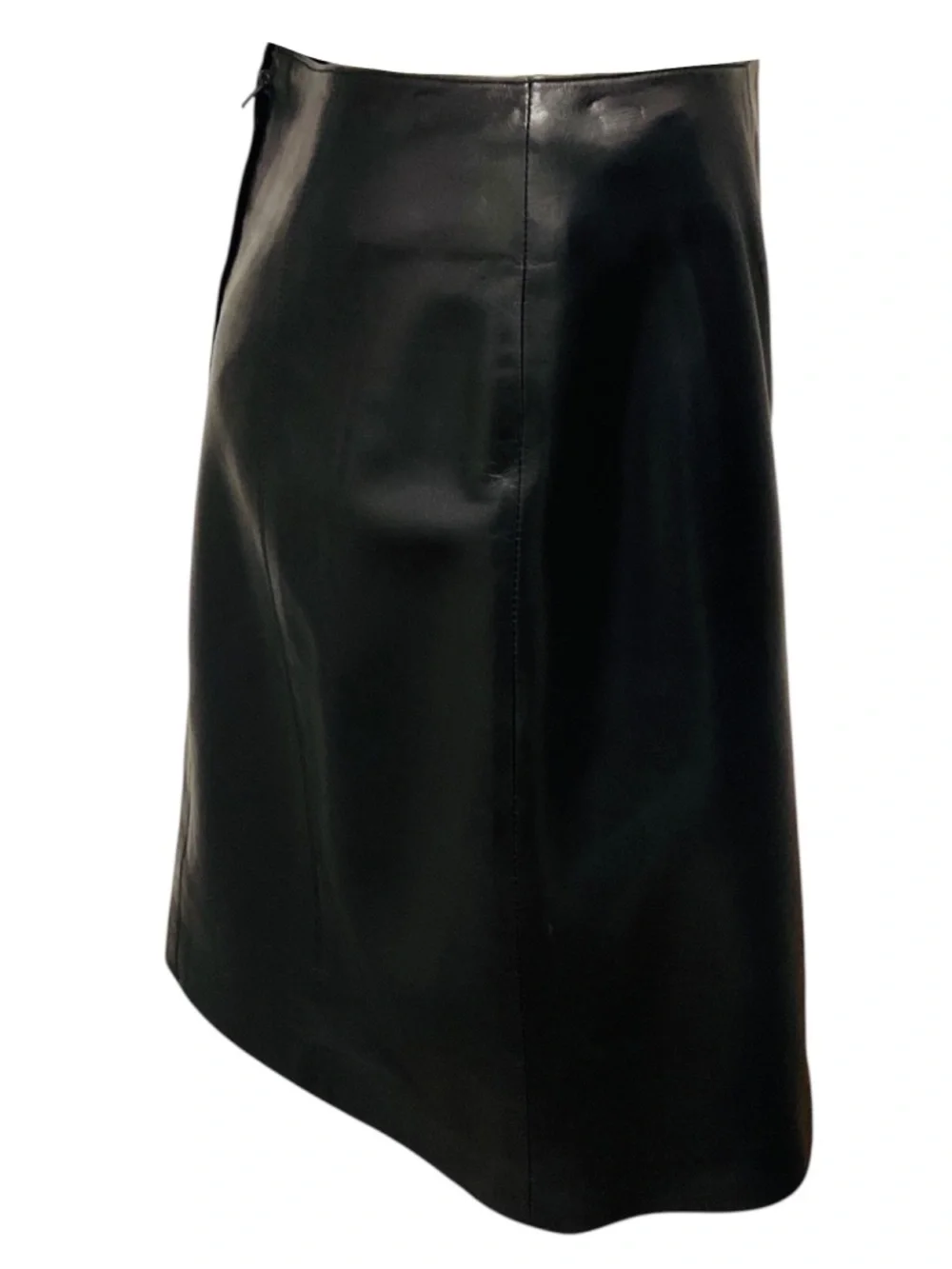 CHANEL VINTAGE 2001 DARK NAVY BLUE SILK LINED LAMBSKIN LEATHER SKIRT WITH LOGO P